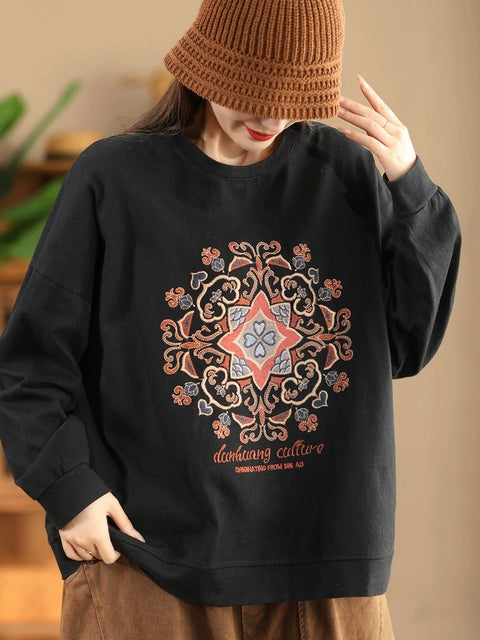 Women Autumn Flower Embroidery O-Neck Cotton Sweatshirt