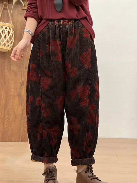 Women Autumn Retro Corduroy Flower Harem Pants