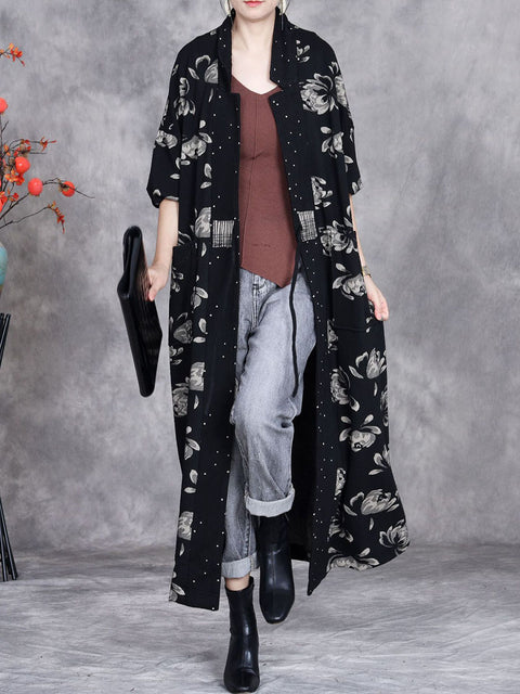 Women Artsy Autumn Flower Strap Cardigan Loose Coat