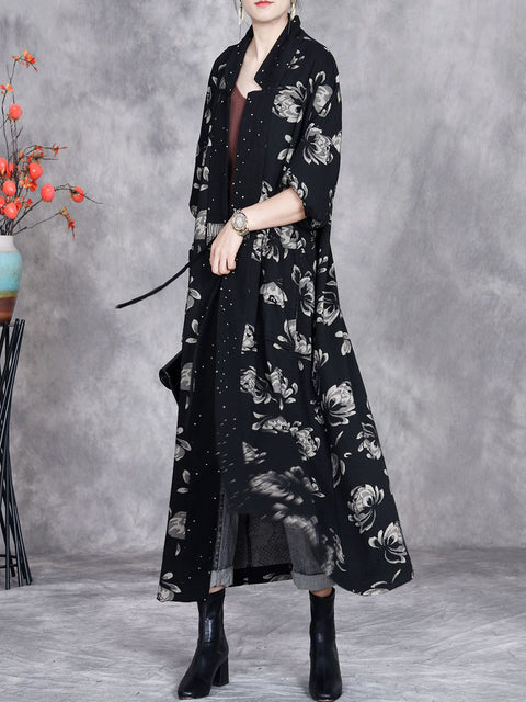 Women Artsy Autumn Flower Strap Cardigan Loose Coat