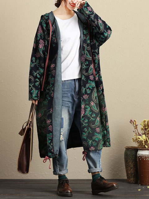 Women Autumn Vintage Flower Hooded Pocket Cotton Coat