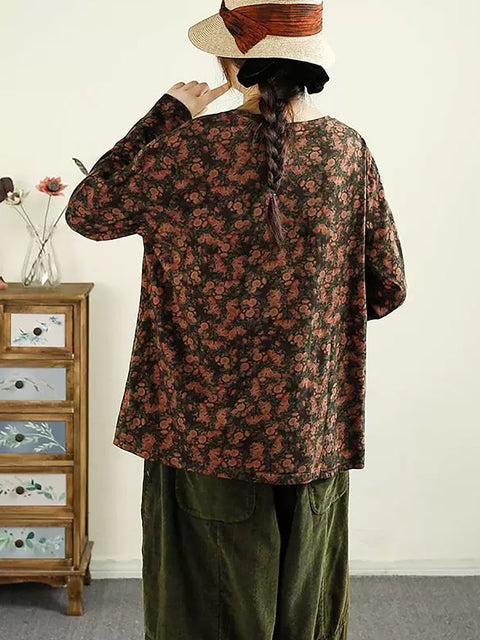 Women Autumn Flower O-Neck Cotton Blouse