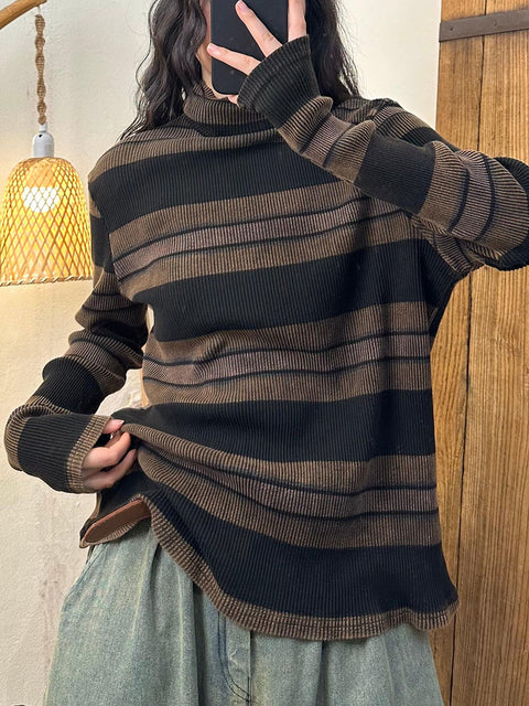 Women Casual Autumn Stripe Knit Turtleneck Sweater