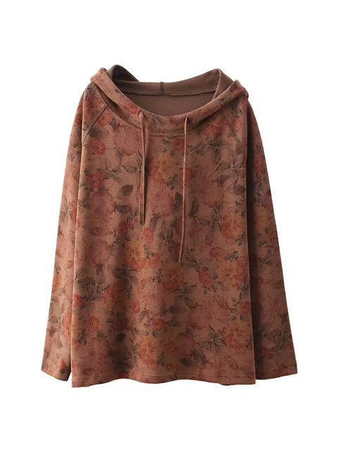 Women Autumn Vintage Flower Hooded  Sweatshirt