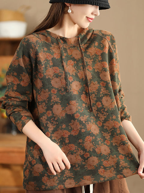 Women Autumn Vintage Flower Hooded Cotton Sweatshirt