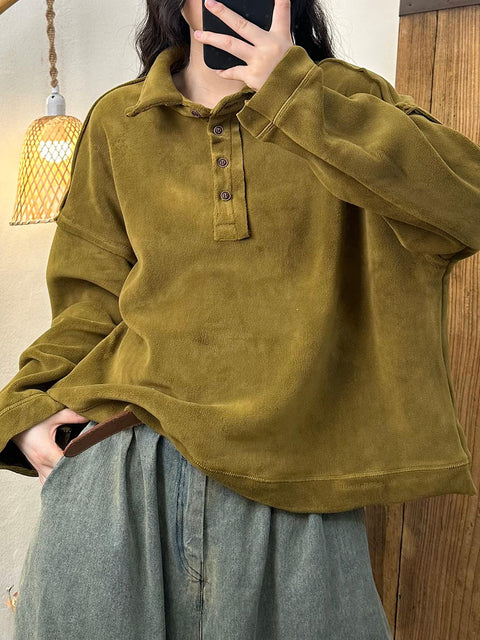 Women Autumn Retro Solid Turn-down Collar Cotton Sweatshirt