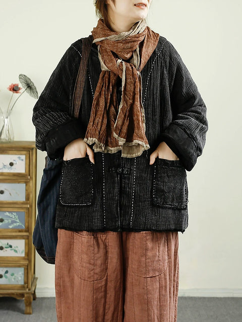 Women Ethnic Autumn Solid  Stand Collar Linen Coat