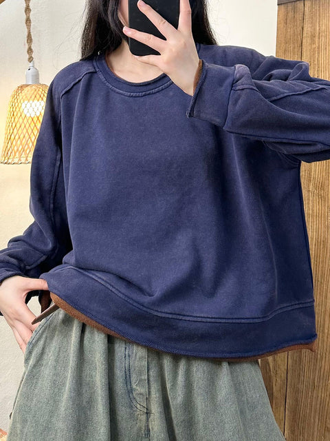 Women Autumn Retro Colorblock O-Neck Cotton Sweatshirt