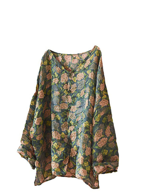 Women Autumn Artsy Floral Ramie Button-up Blouse