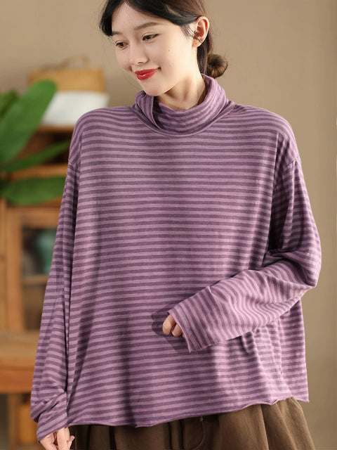 Women Autumn Casual Stripe Turtleneck Cotton Blouse