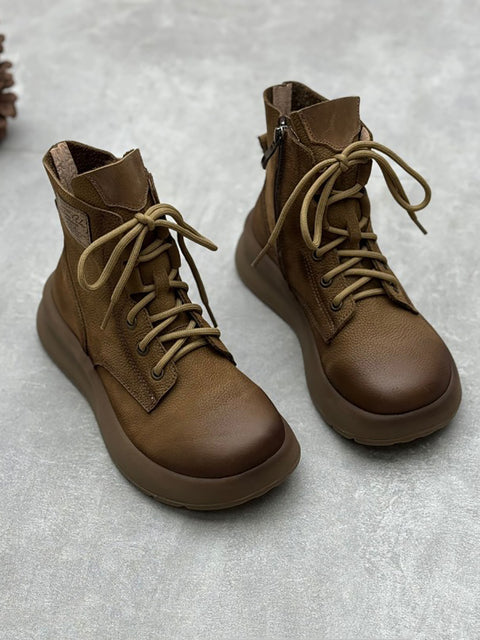 Women Vintage Leather Patch Strap Mid-Heel Boots