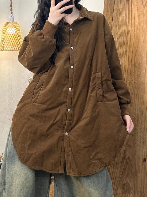 Women Casual Autumn Solid Buckle Cotton Padded Coat