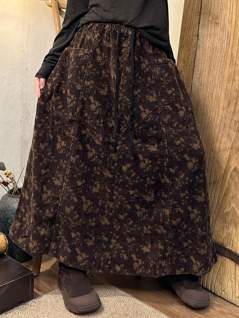 Women Autumn Vintage Floral A-Shape Corduroy Skirt