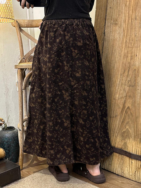 Women Autumn Vintage Floral A-Shape Corduroy Skirt