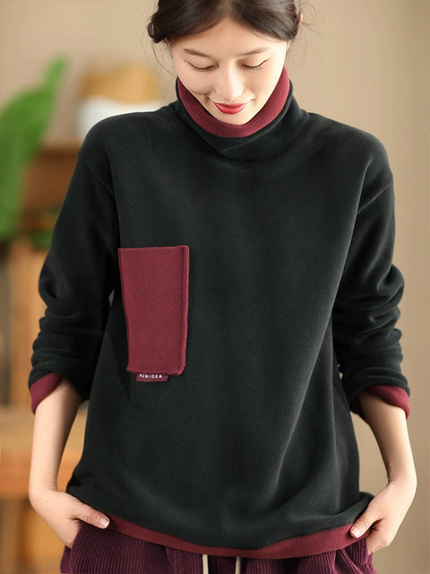 Women Autumn Retro Colorblock Turtleneck Cotton Sweatshirt