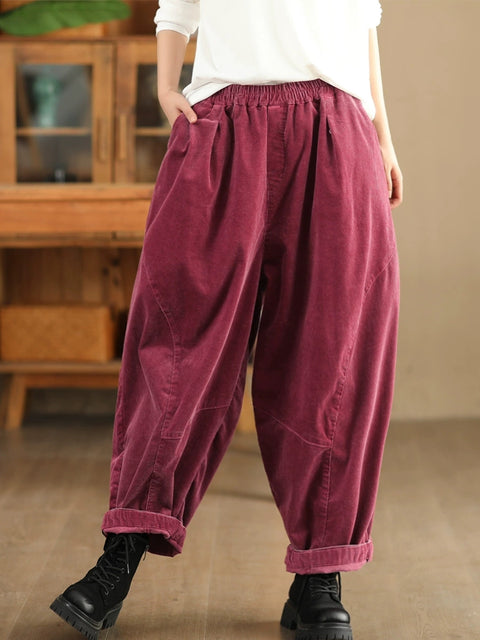 Women Autumn Vintage Solid Corduroy Spliced Harem Pants