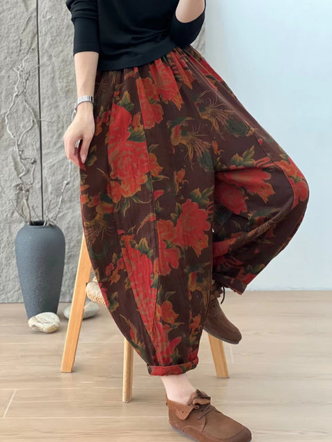 Women Autumn Retro Flower Spliced Loose Harem Pants