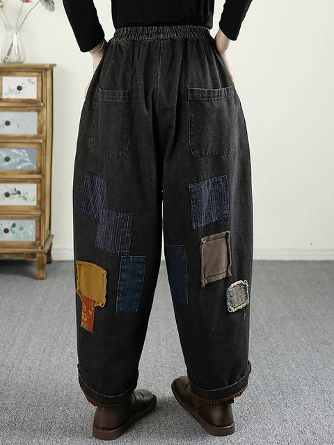 Women Autumn Retro Patch Spliced Denim Harem Pants