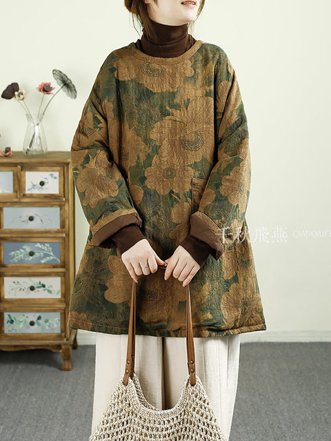 Women Autumn Vintage Flower O-Neck Cotton Padded Coat