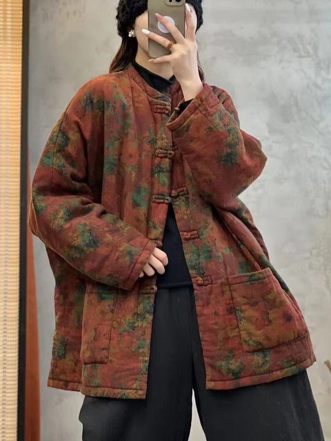 Women Autumn Vintage O-Neck Flower Cotton Coat