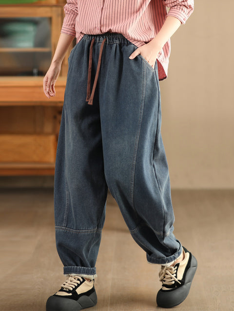 Women Winter Retro Denim Fleece-lined Harem Pants