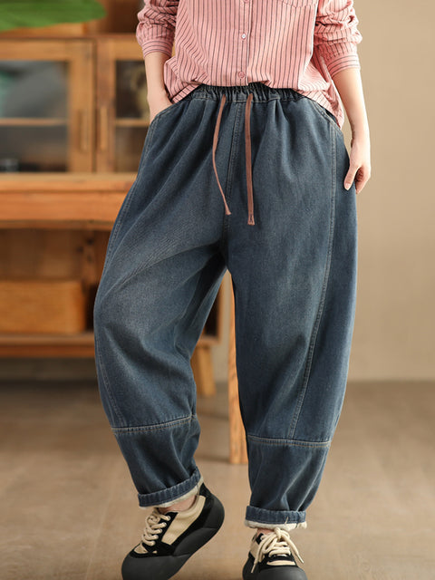 Women Winter Retro Denim Fleece-lined Harem Pants