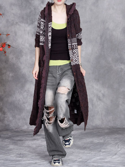 Women Autumn Artsy Hollow Out Knit Cardigan Hooded Coat