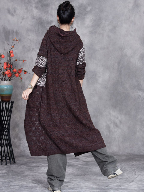 Women Autumn Artsy Hollow Out Knit Cardigan Hooded Coat