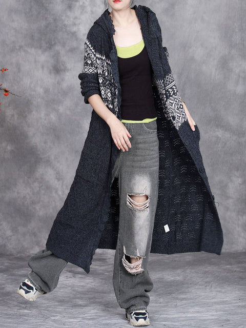 Women Autumn Artsy Hollow Out Knit Cardigan Hooded Coat