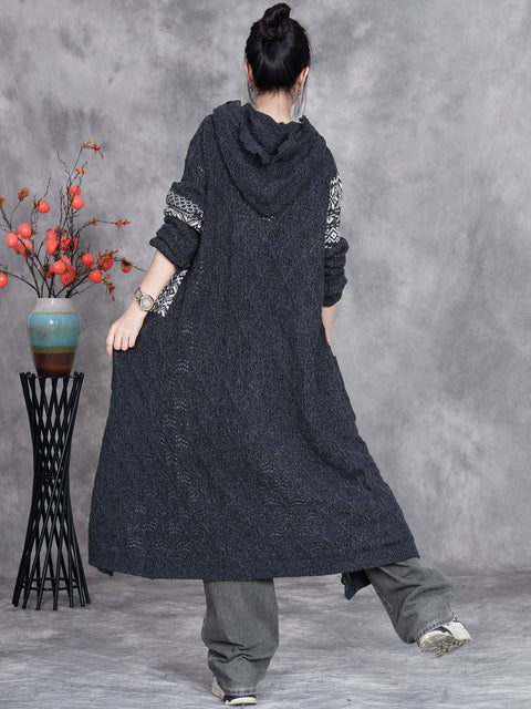 Women Autumn Artsy Hollow Out Knit Cardigan Hooded Coat