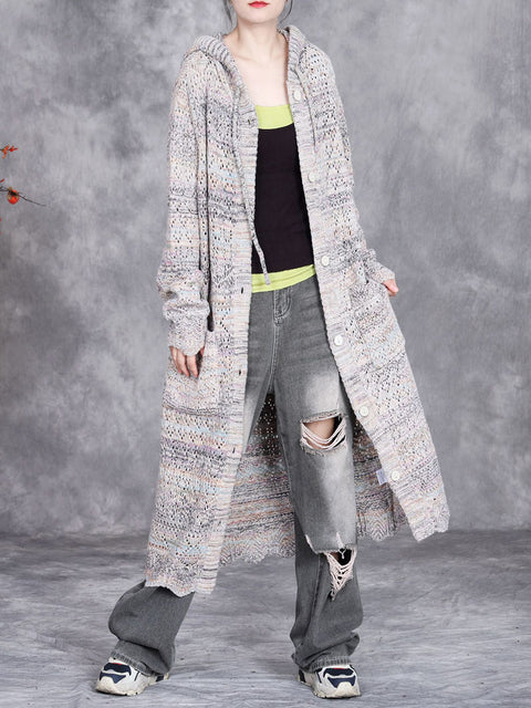 Women Autumn Artsy Color Mix Knit Cardigan Hooded Coat