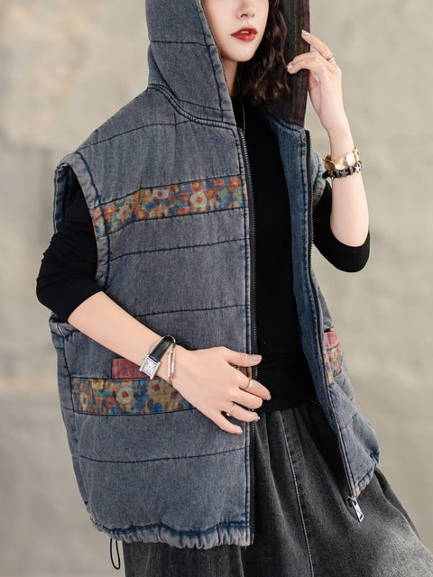 Women Retro Floral Spliced Hooded Cotton Padded Vest Coat