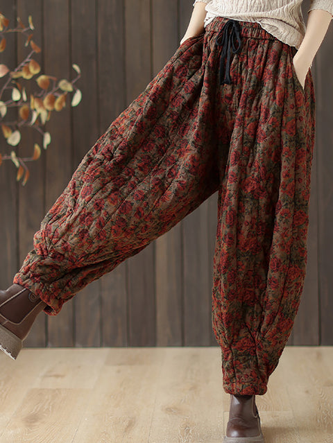 Women Autumn Retro Flower Loose Padded Bloomers