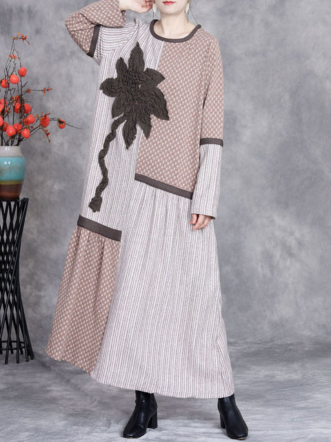 Women Autumn Artsy Dot Stripe Spliced Flower O-Neck Dress