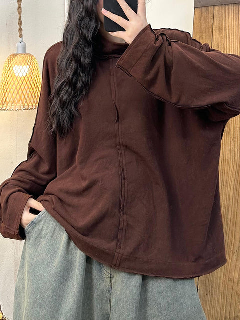 Women Autumn Vintage Solid Turtleneck Spliced Sweatshirt