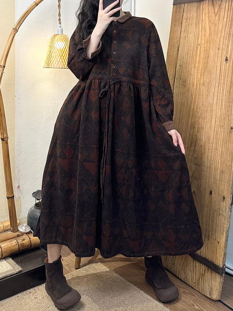 Women Vintage Autumn Flower Turn-down Collar Dress