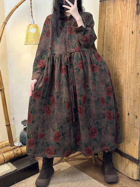 Women Vintage Autumn Flower Turn-down Collar Dress