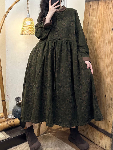 Women Vintage Autumn Flower Turn-down Collar Dress