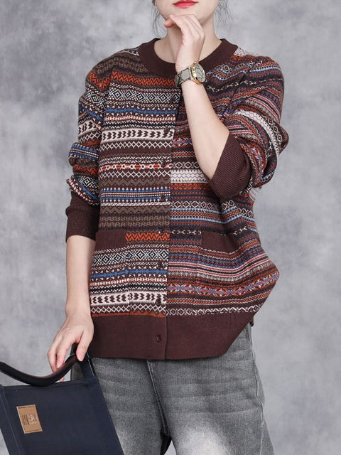 Women Autumn Artsy Stripe Knit O-Neck Wool Sweater