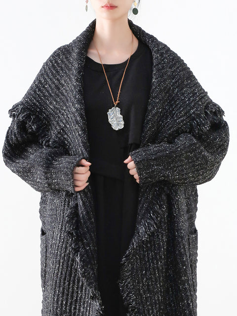 Women Autumn Artsy Tassel Shawl Collar Wool Sweater Coat