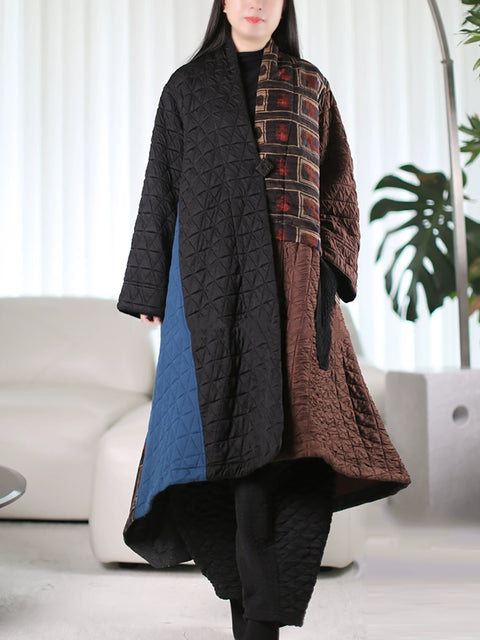 Women Autumn Ethnic Colorblock Cotton Padded Coat