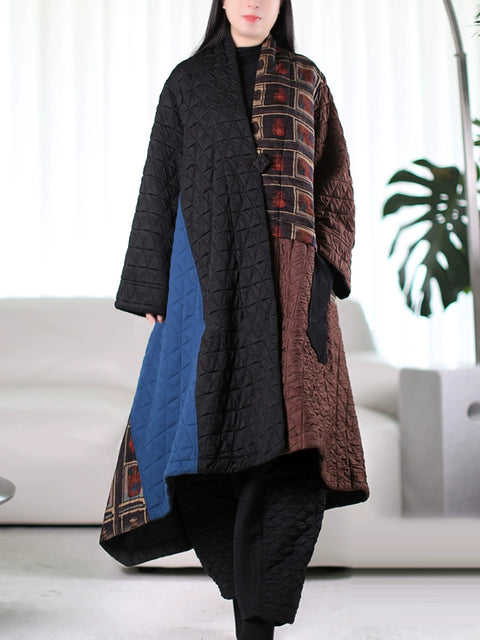 Women Autumn Ethnic Colorblock Cotton Padded Coat