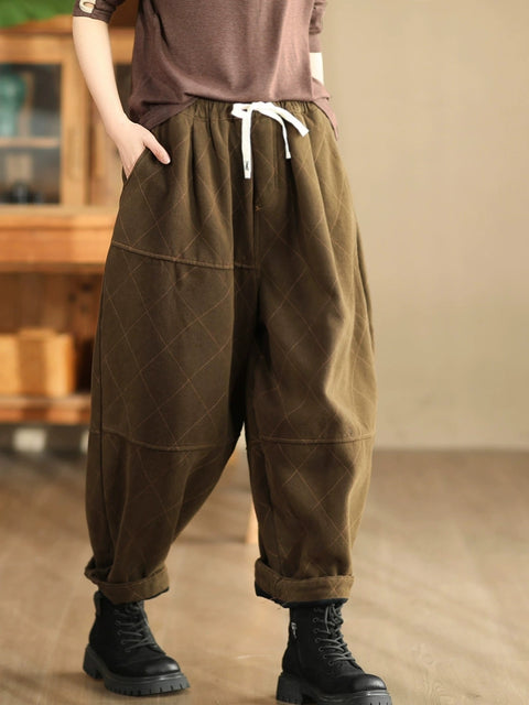 Women Autumn Vintage Solid Rhomboid Cotton Harem Pants