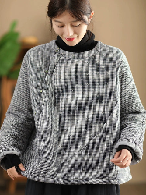 Women Autumn Vintage Linen O-Neck Padded Coat