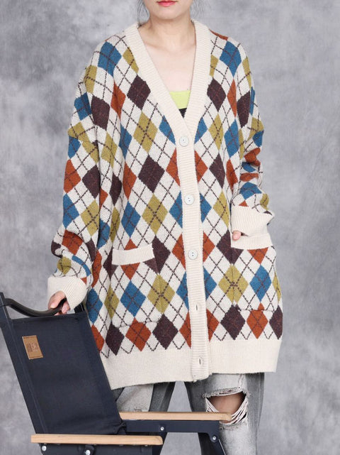 Women Autumn Artsy Rhomboids Cardigan Sweater Coat