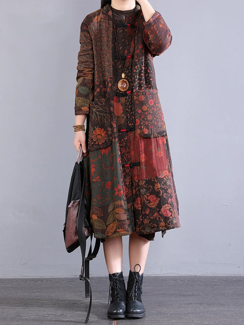 Women Autumn Ethnic Buckle O-Neck Flower 100%Cotton Coat