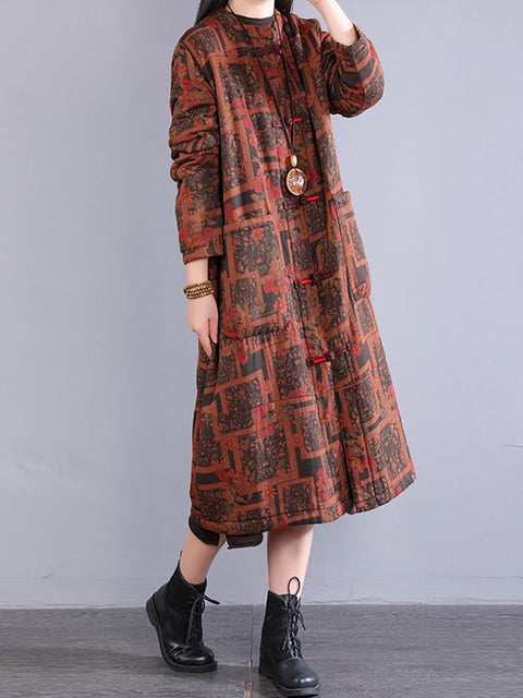 Women Autumn Ethnic Buckle O-Neck Flower 100%Cotton Coat