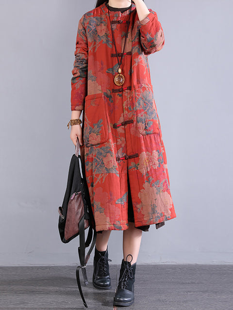 Women Autumn Ethnic Buckle O-Neck Flower 100%Cotton Coat