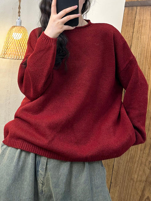 Women Vintage Autumn Solid Solid O-Neck Knit Sweater