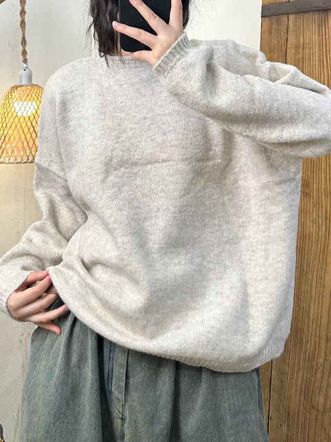 Women Vintage Autumn Solid Solid O-Neck Knit Sweater